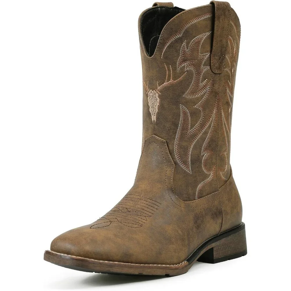 Men's Brown Western Boots Slip Resistant Country Boot Retro Classic Embroidered
